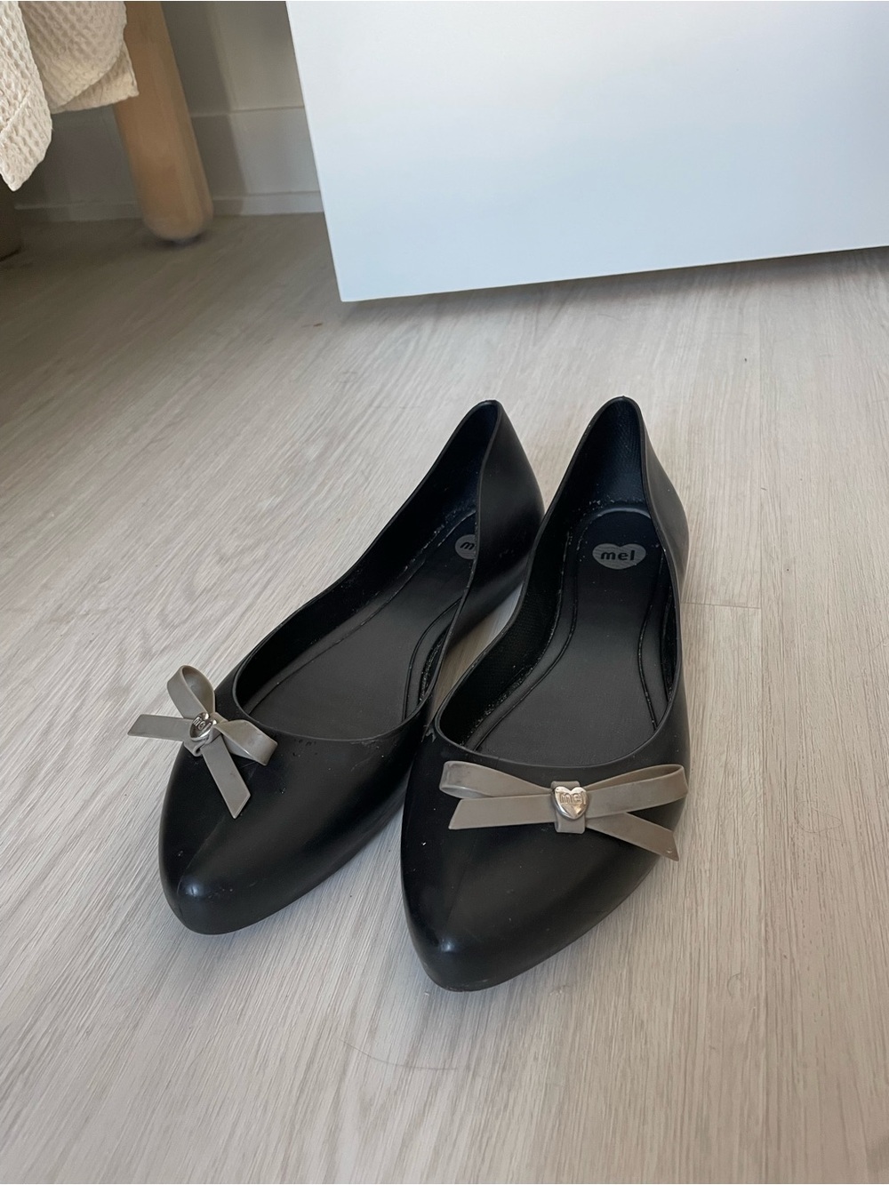 Melissa Black Pointed-Toe Rubber Flats with Cream Bow